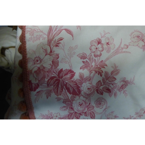 66 - CURTAINS, a pair, toile du jouy cream and pink, lined and interlined, each curtain 110cm gathered x ... 