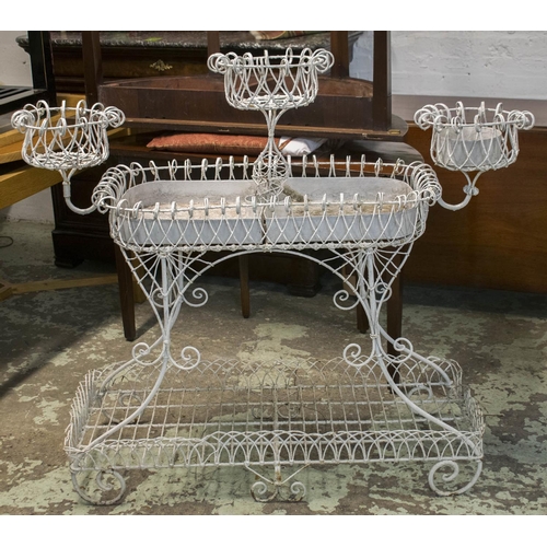 687 - WIREWORK PLANTER, Victorian white painted of multiple tiers, 112cm H x 129cm W x 45cm D and three ot... 