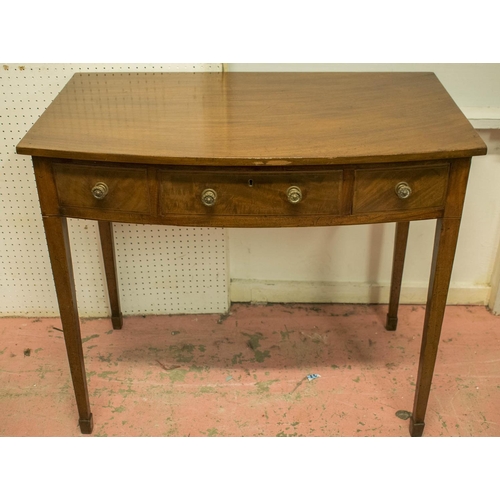 688 - BOWFRONT WRITING TABLE, George III mahogany with three drawers, 73cm H x 84cm W x 50cm D.