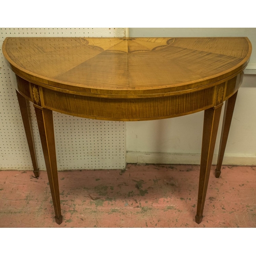 689 - DEMI LUNE CARD TABLE, circa 1790, George III harewood, satinwood, mahogany and marquetry with fan me... 