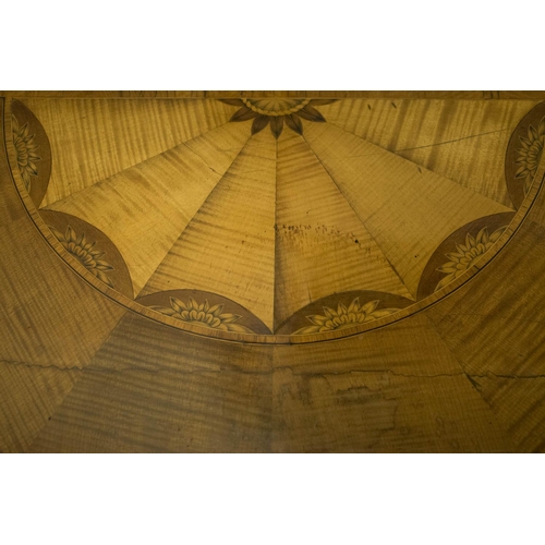 689 - DEMI LUNE CARD TABLE, circa 1790, George III harewood, satinwood, mahogany and marquetry with fan me... 