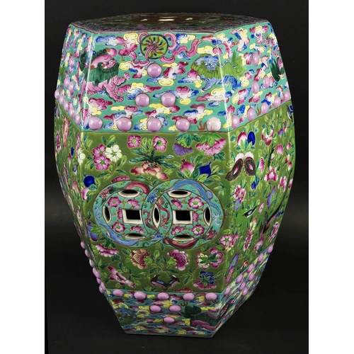 692 - CHINESE CERAMIC HEXAGONAL GARDEN SEAT, 19th/20th century with pierced double cash motifs bands of ra... 