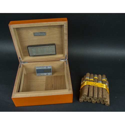 694 - SIGLO VIBRANT SERIES ORANGE HUMIDOR, with eighteen Cohiba cigars, 28cm x 23cm. (with faults)