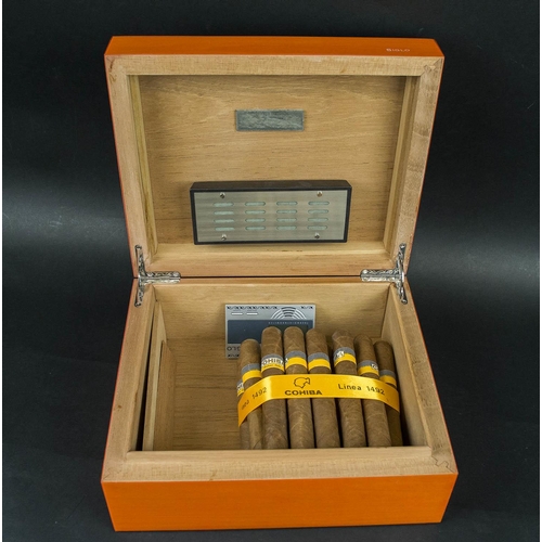 694 - SIGLO VIBRANT SERIES ORANGE HUMIDOR, with eighteen Cohiba cigars, 28cm x 23cm. (with faults)