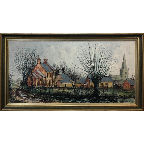 122 - PAUL MANN (1907-1994) 'Country Landscape with Church and Farmhouse', oil on board, 49cm x 100cm, sig... 