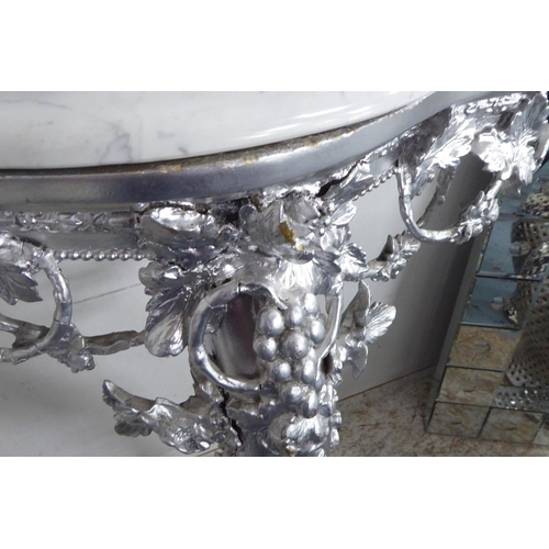 46 - CONSOLE TABLE, continental style, silvered base, marble top, 68cm x 36cm x 91cm.