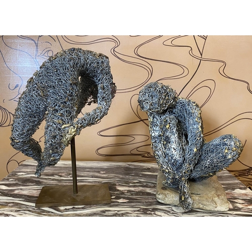 165 - FRENCH SCHOOL 'Crouching and Stretched Figures', metallic wire sculptures, a pair, one with monogram... 
