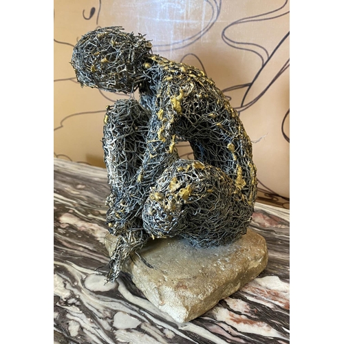 165 - FRENCH SCHOOL 'Crouching and Stretched Figures', metallic wire sculptures, a pair, one with monogram... 