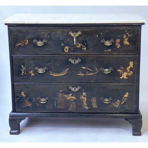 593 - GEORGE II CHEST, early 18th century gilt Chinoiserie decorated black lacquer, three long drawers and... 