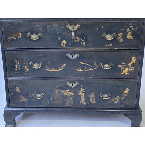 593 - GEORGE II CHEST, early 18th century gilt Chinoiserie decorated black lacquer, three long drawers and... 