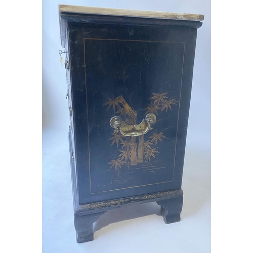 593 - GEORGE II CHEST, early 18th century gilt Chinoiserie decorated black lacquer, three long drawers and... 