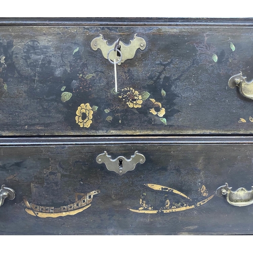 593 - GEORGE II CHEST, early 18th century gilt Chinoiserie decorated black lacquer, three long drawers and... 