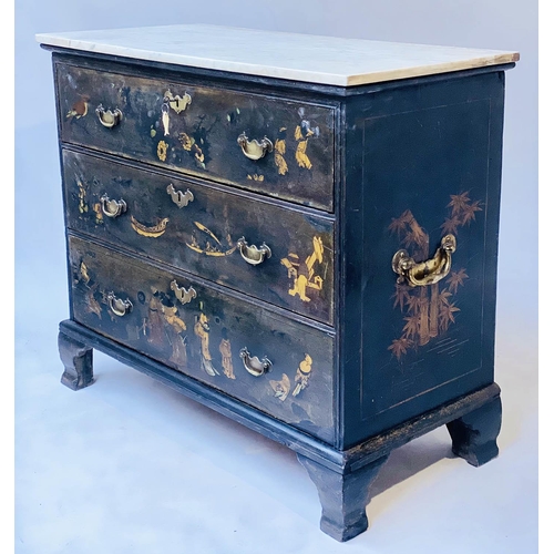 593 - GEORGE II CHEST, early 18th century gilt Chinoiserie decorated black lacquer, three long drawers and... 