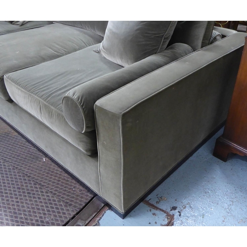 81 - CINEMA ROOM SOFA, contemporary, green velvet upholstered, 282cm W approx. (slight faults)