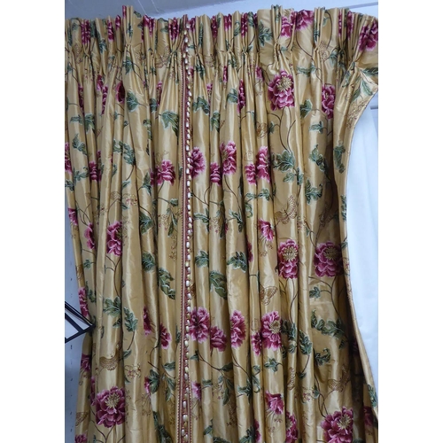 26 - CURTAINS, a pair, lined and interlined, the gold silk field with embroidered floral and butterfly de... 