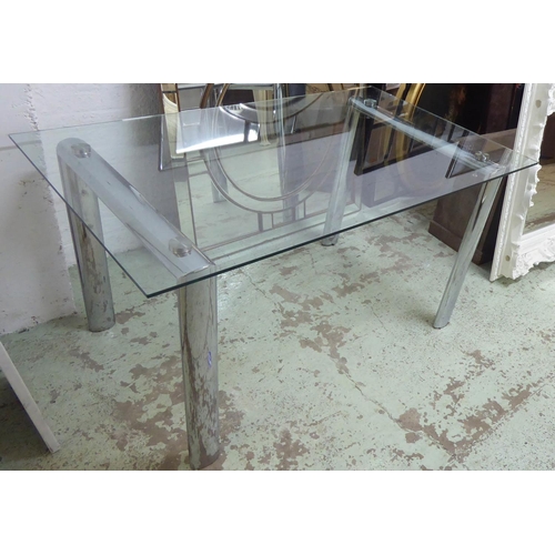 30 - DINING TABLE, with a rectangular glass top on twin chrome supports, 150cm L x 76cm H x 90cm D.