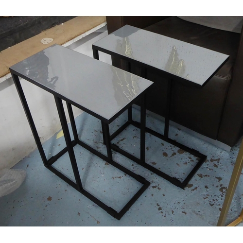 39 - SIDE TABLES, a pair, grey enamelled tops on painted black metal supports, 43cm x 20cm x 51.5cm.
