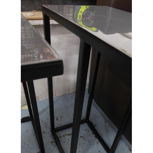 39 - SIDE TABLES, a pair, grey enamelled tops on painted black metal supports, 43cm x 20cm x 51.5cm.