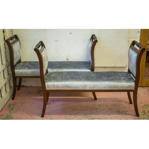 594 - WINDOW SEATS, a pair, part Victorian mahogany, adapted in silvered velvet, 117cm x 41cm. (2)