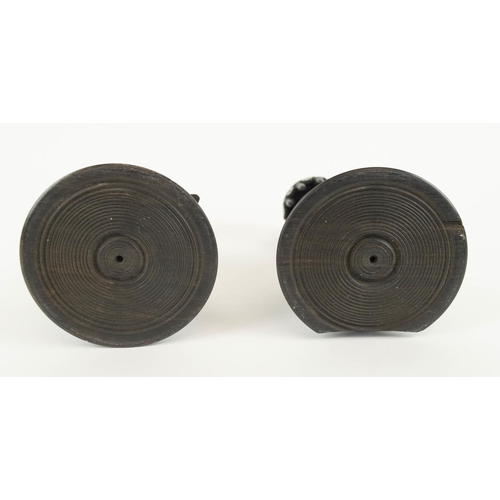 597 - BLACK FOREST STYLE CARVED WOOD CANDLESTICKS, a pair, 20cm H. (2) (slight faults)