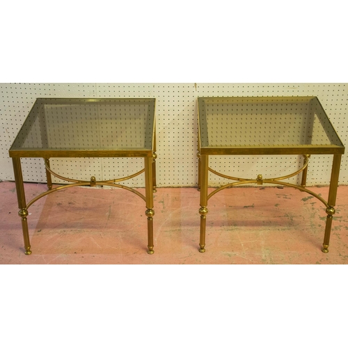 64 - MAISON JANSEN STYLE LAMP TABLES, a pair, brass framed with square tinted glass tops, 41cm H x 46cm W... 