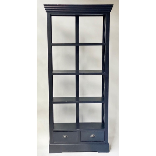 91 - OPEN BOOKCASE, black painted with trellis sides and two drawers, 193cm H x 90cm x 30cm.
