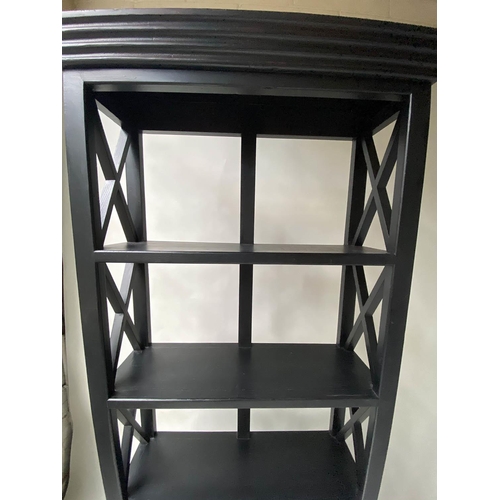 91 - OPEN BOOKCASE, black painted with trellis sides and two drawers, 193cm H x 90cm x 30cm.