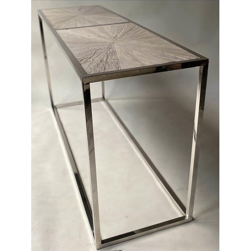 92 - CONSOLE TABLE, rectangular chrome framed with radial driftwood panels, 160cm x 50cm x 87cm H.