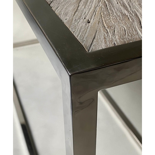 92 - CONSOLE TABLE, rectangular chrome framed with radial driftwood panels, 160cm x 50cm x 87cm H.