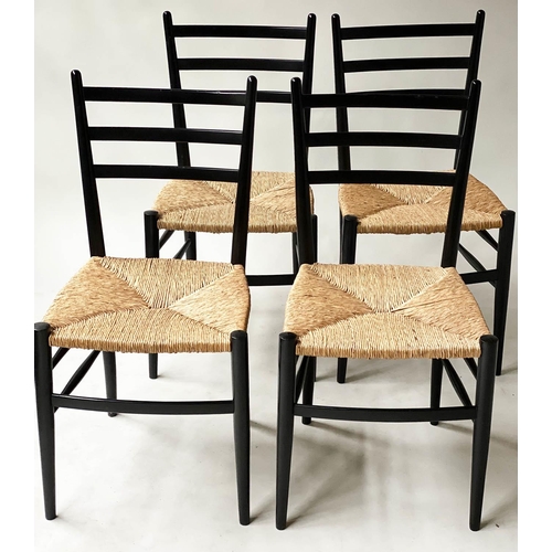 95 - DINING CHAIRS, a set of four, 1970's Sussex style black lacquer and rush seated, 85cm H. (4)