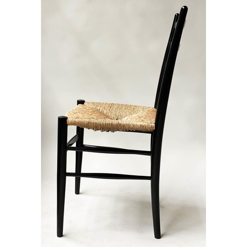 95 - DINING CHAIRS, a set of four, 1970's Sussex style black lacquer and rush seated, 85cm H. (4)