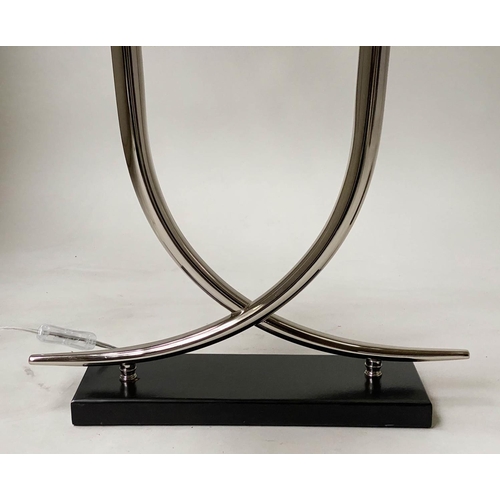 96 - TABLE LAMPS, a pair, chrome crossed horns on black lacquer plinths, 59cm H. (2)