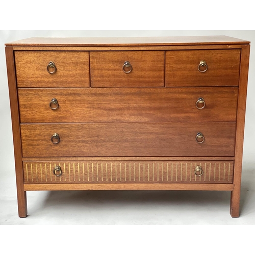 99 - LOUGHBOROUGH CHEST, 1960's English, teak and brass inset with three short and three long drawers, 92... 