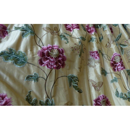 26 - CURTAINS, a pair, lined and interlined, the gold silk field with embroidered floral and butterfly de... 