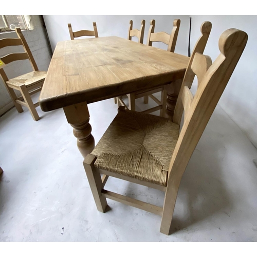 53 - COUNTRY DINING TABLE AND CHAIRS, six beech bar back and rush seated chairs together with a farmhouse... 