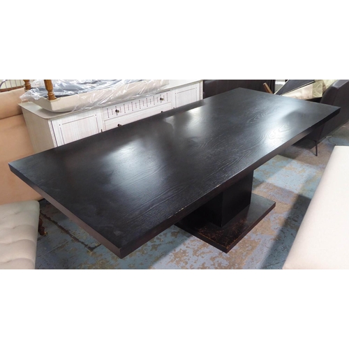 14 - DINING TABLE, contemporary ebonised design, 222cm x 100cm x 72.5cm. (with faults)