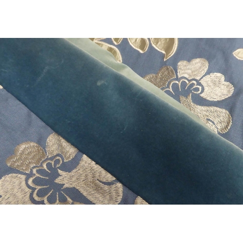 28 - CURTAINS, two pairs, lined and interlined, blue patterned fabric with blue velvet leading edge, 100c... 