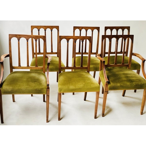 605 - DINING CHAIRS, a set of six, George III design yew wood and ebony lined with green velvet upholstery... 