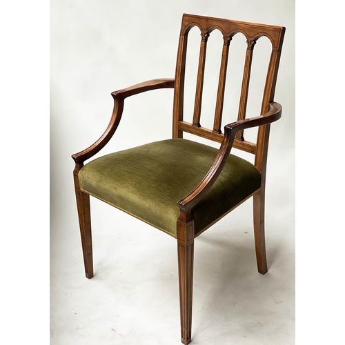 605 - DINING CHAIRS, a set of six, George III design yew wood and ebony lined with green velvet upholstery... 