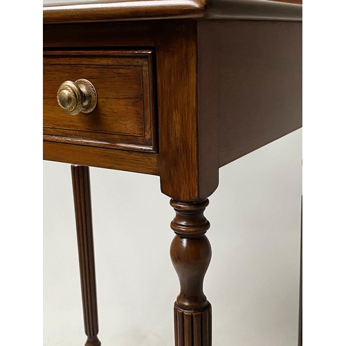 601 - LAMP/SIDE TABLES, a pair, George III design, walnut cross banded each with frieze drawer and reeded ... 