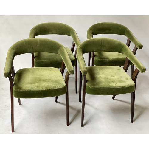 602 - DINING ARMCHAIRS, a set of four moss green velvet with bow backs and arms. (4) (with faults)