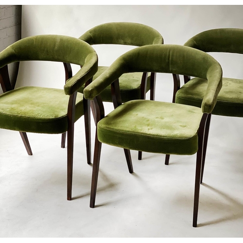 602 - DINING ARMCHAIRS, a set of four moss green velvet with bow backs and arms. (4) (with faults)