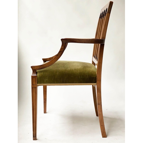 605 - DINING CHAIRS, a set of six, George III design yew wood and ebony lined with green velvet upholstery... 