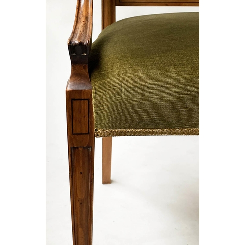 605 - DINING CHAIRS, a set of six, George III design yew wood and ebony lined with green velvet upholstery... 