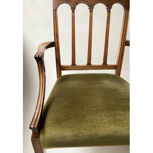 605 - DINING CHAIRS, a set of six, George III design yew wood and ebony lined with green velvet upholstery... 