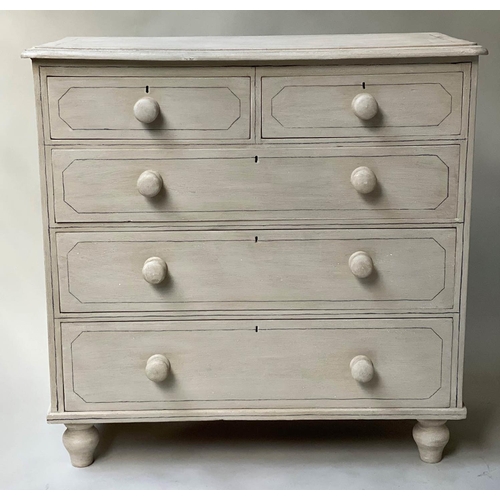 604 - VICTORIAN PAINTED CHEST, traditionally grey painted and lined with two short and three long drawers,... 