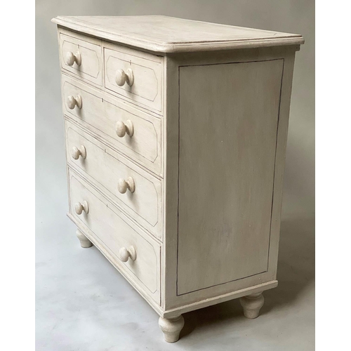 604 - VICTORIAN PAINTED CHEST, traditionally grey painted and lined with two short and three long drawers,... 