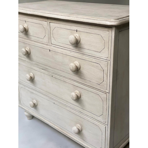 604 - VICTORIAN PAINTED CHEST, traditionally grey painted and lined with two short and three long drawers,... 