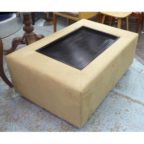 33 - ALCANTARA STOOL, with an inset rectangular central wooden tray, 119cm W x 49cm H x 79cm D.