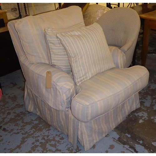 38 - HOWARD STYLE ARMCHAIR, striped loose fabric cover with two scatter cushions, 82cm W.